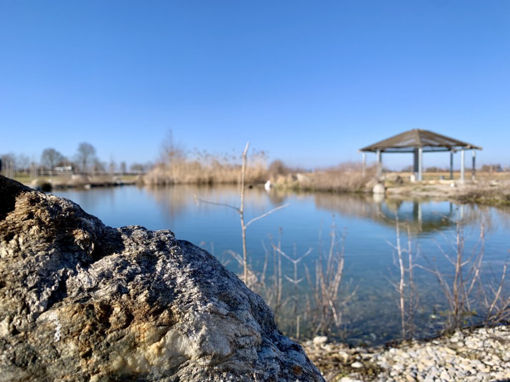 See auf Gut Morhard Tagesausflug Augsburg Umgebung Idyllischer See mit einem Pavillon im Hintergrund auf Gut Morhard, Königsbrunn. Ausflug Augsburg mit Kindern