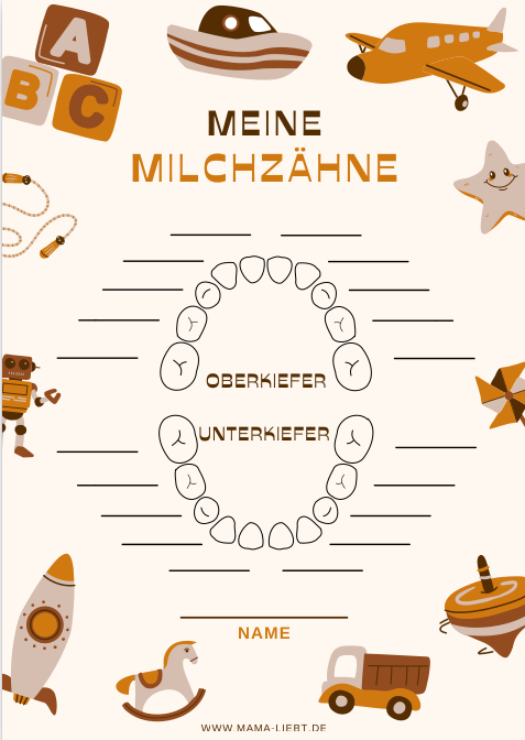Verspielter Zahnkalender mit Illustrationen von Kinderspielzeug – ideal fürs Babyalbum.