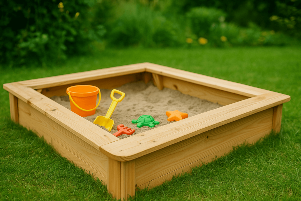 holzsandkasten.jpg Einfacher Holzsandkasten mit Sitzbänken in einem Garten