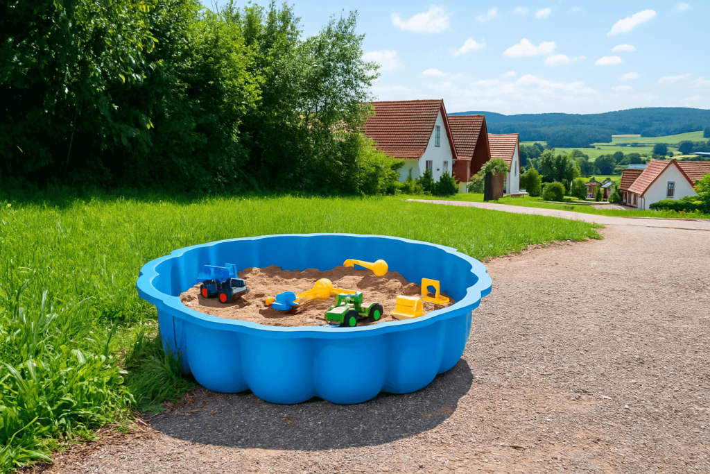 blauer-muschelsandkasten-kunststoff.jpg Blauer Kunststoffsandkasten in Muschelform, gefüllt mit Sand. Im Sand liegt Sandspielzeug