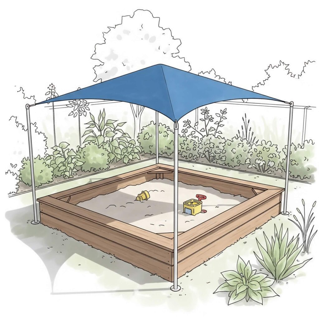 skizze-holzsandkasten-mit-uv-segel.jpg Sandkasten kaufen: Vergleich zwischen Holzsandkästen und Kunststoffsandkasten. Hier ein Holzsandkasten mit UV-Dach als Illustration bzw. Skizze in einem Garten.