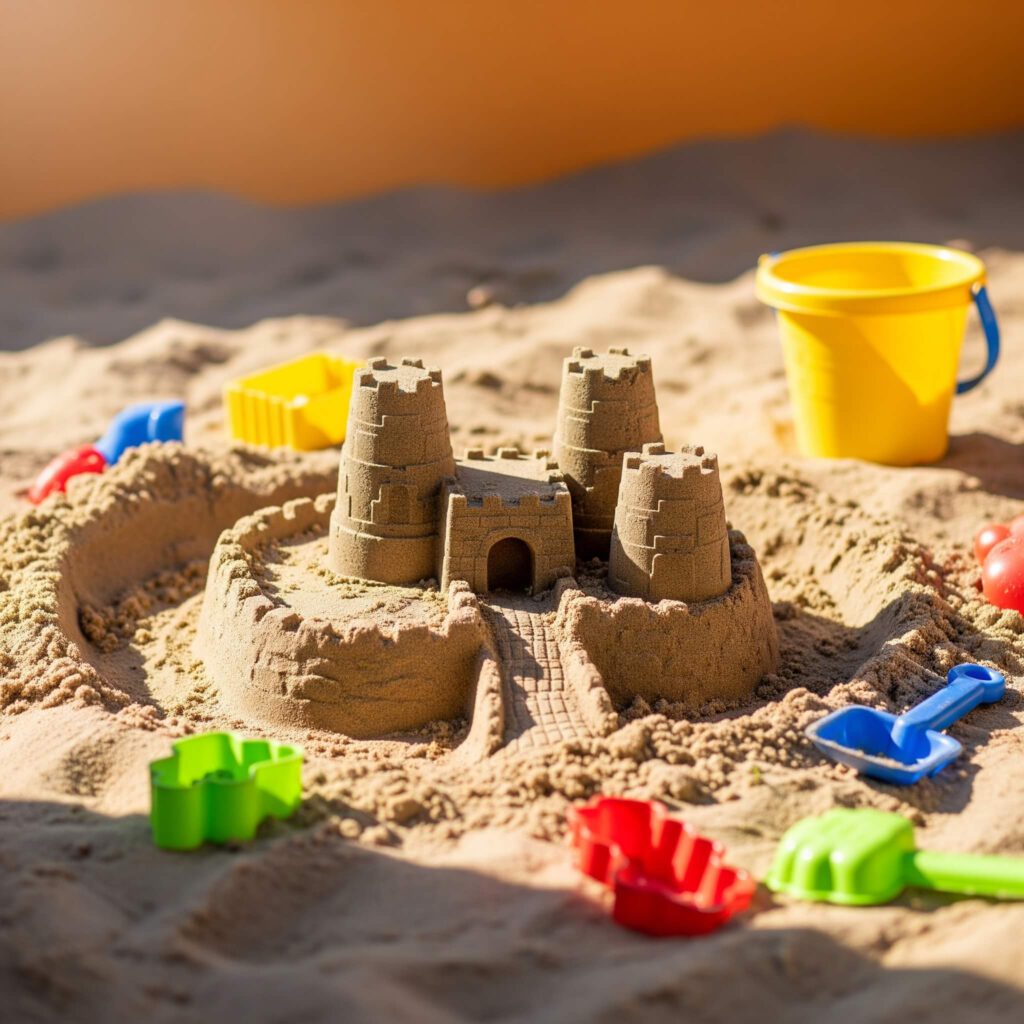 sandburg-in-sandkasten-mit-sandspielzeug.jpg Eine Sandburg in einem Sandkasten von Kindern gebaut, verteilt darum herum Sandspielzeug. Im Sommer möchten viele Familien einen eigenen Sandkasten im Garten haben und fragen sich, welchen Sandkasten sie kaufen sollen.