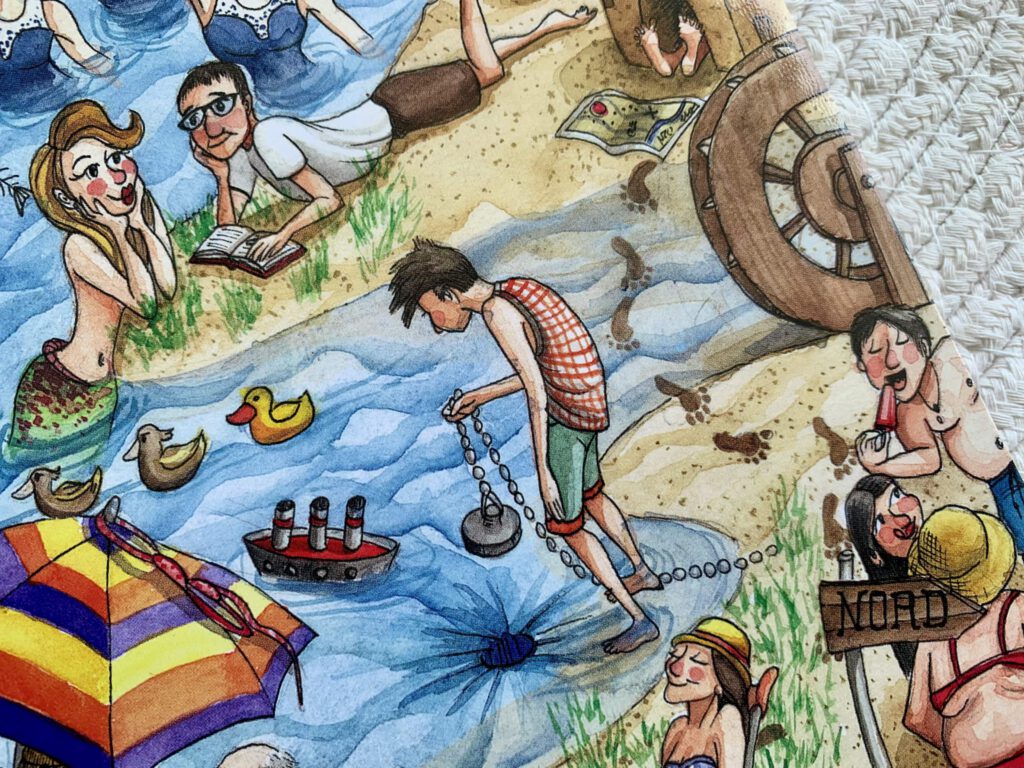 wimmelbuch-augsburg-lech-detail.jpg Nahaufnahme einer Szene aus dem Buch "Das große Augsburger Wimmelbuch"