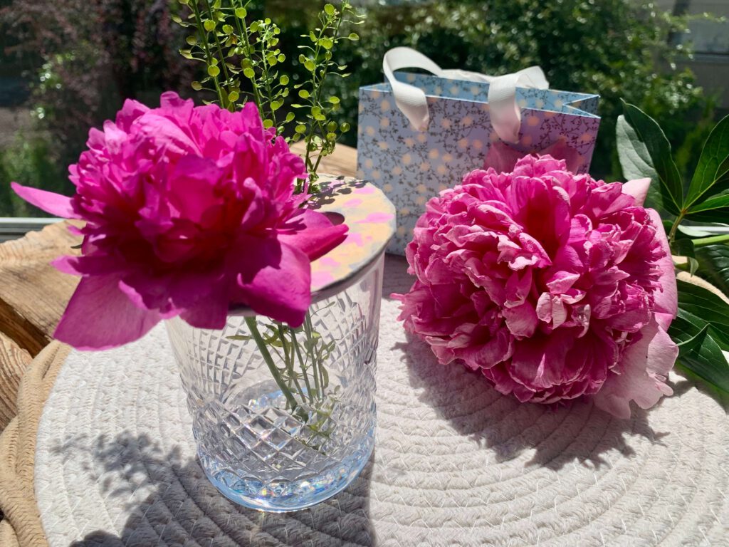 blumenretter-pfingstrose-glas-geschenkidee.jpg Pfingstrose im Glas mit Blumenretter im Hintergrund – liebevolles Sommergeschenk selbst gemacht
