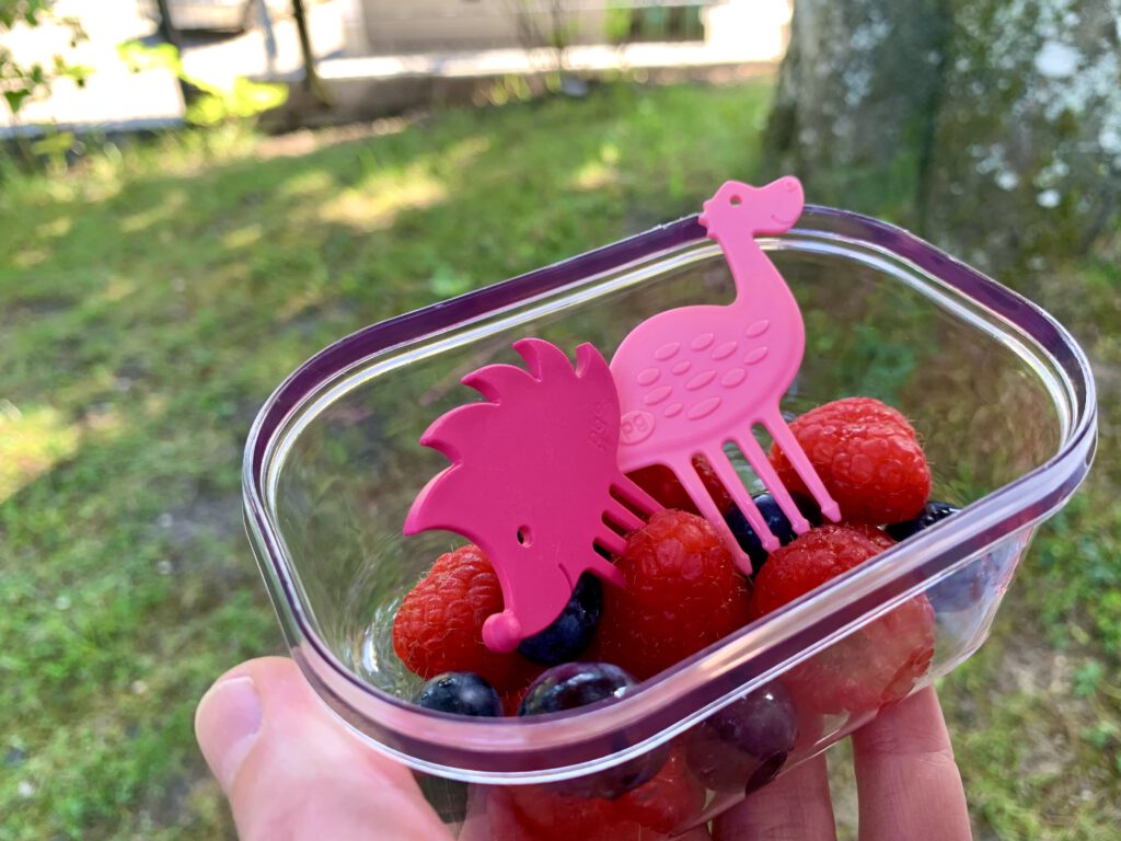 Die Snackpiekser von Pieksi und Griffel bringen Spaß in jede Brotzeitdose. Hier gibt es Himbeeren und Blaubeeren zusammen mit den Igel- und Dino-Snackpieksern.