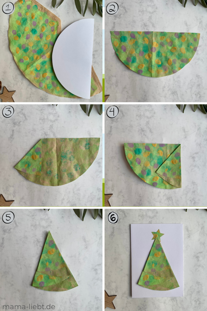 Anleitung Schritt für Schritt Tannenbaum falten aus Papier-Halbkreis für eine selbstgebastelte Weihnachtskarte. Einfache Anleitung für Bastelnmit Kindern.