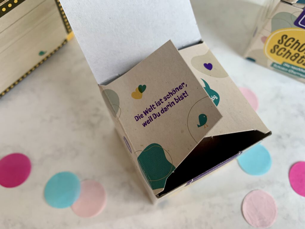 Detailbild der Schokoschatz-Verpackung mit schöner Aufschrift