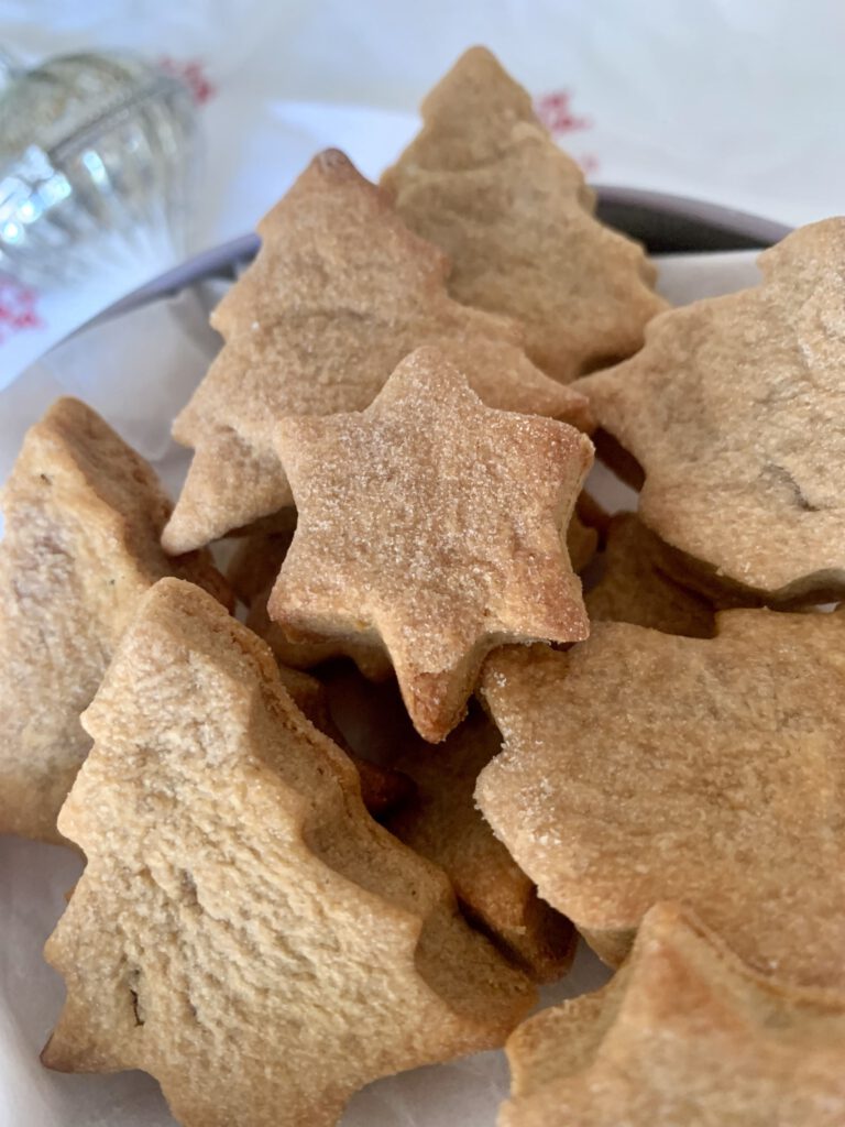 Nahaufnahme von zuckerfreien Plätzchen für Kinder in einer Plätzchendose, Sterne und Tannenbäume
