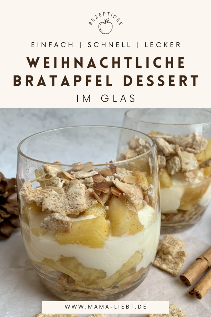 Pinterest Pin Bratapfel-Dessert. Eine weihnachtliche Rezeptidee, die ideal zum Vorbereiten und für viele Gäste ist.