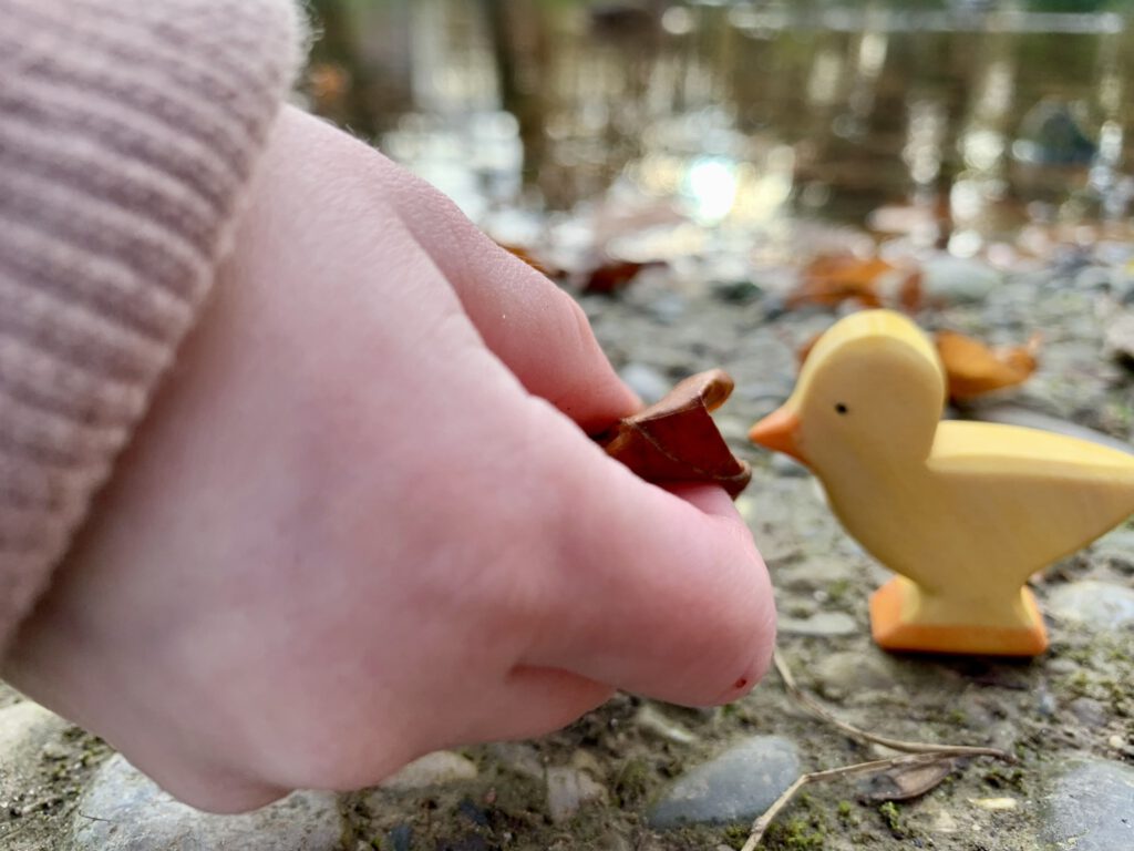 Kleinkind füttert ein Sägefisch-Holzküken – nachhaltiges Holzspielzeug für Rollenspiele ab 3 Jahren.