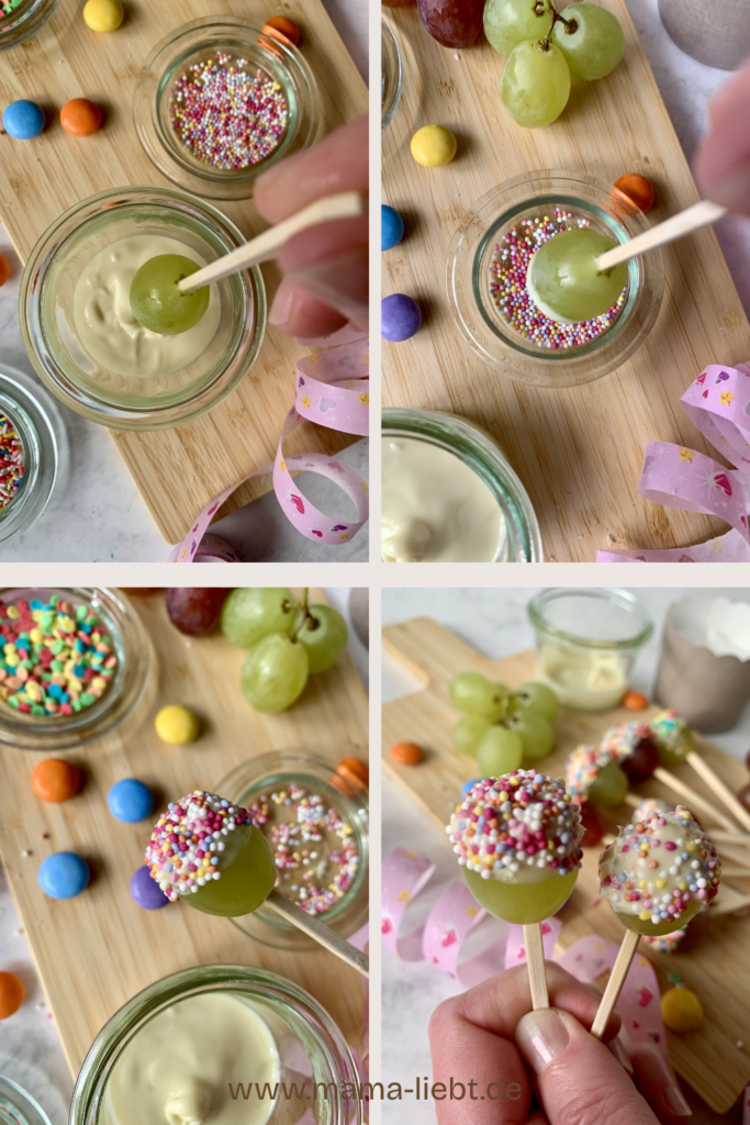 Schritt für Schritt Rezept für Konfetti-Trauben: Weintrauben aufspießen, in Schokolade tauchen, dann in bunte Zuckerstreusel tauchen. Ein schneller Partysnack für Kinder zu Fasching.