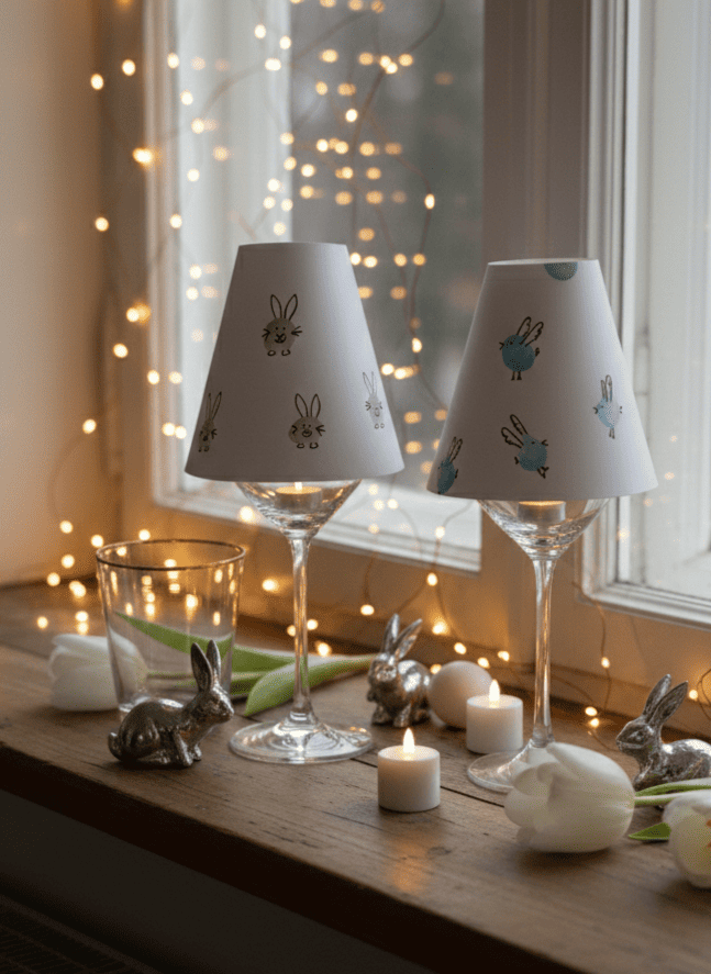 osterdeko-mit-kindern-windlichter-fenster.jpg Zwei leuchtende Oster-Windlichter aus Weingläsern am Fenster mit Lichterkette im Hintergrund