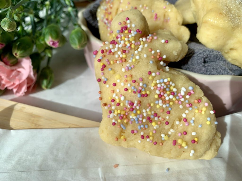 Detailaufnahme eines Quarkhasen mit Zuckerstreuseln – saftiges Ostergebäck ohne Hefe